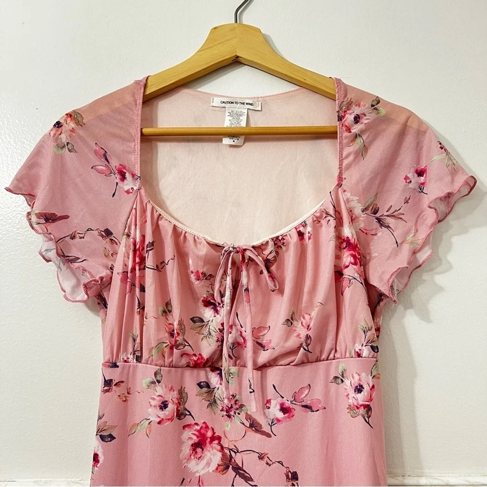 Vintage Caution To The Wind M Pink Floral Fairy Flutter Sleeve Y2K Midi Dress - Picture 2 of 8